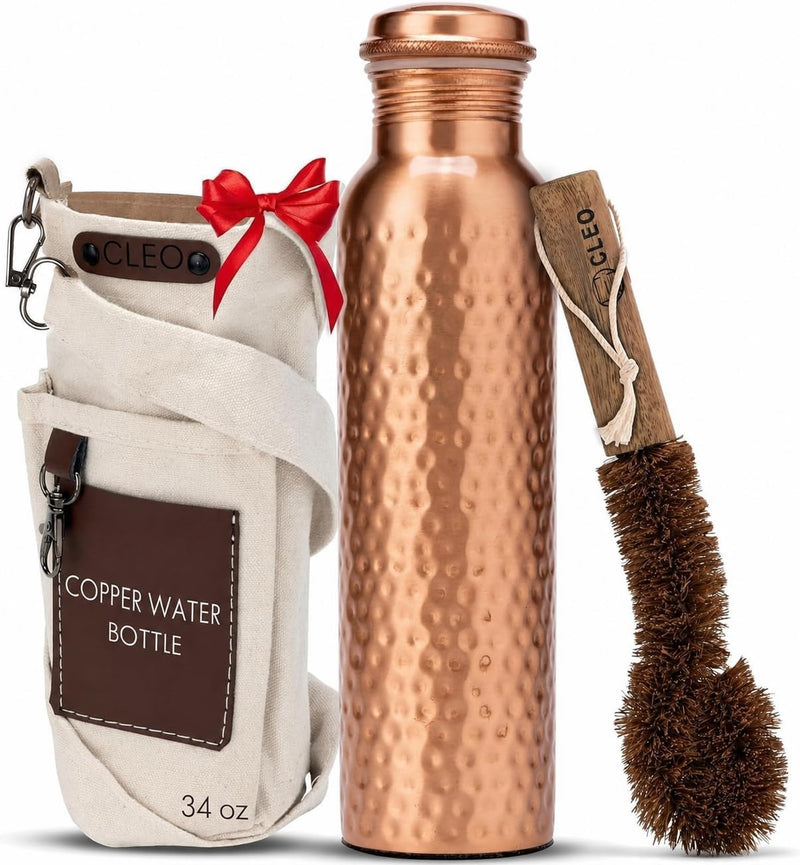 CLEO HOME 100% Pure Copper Water Bottle for Drinking, 34 Oz Hammered Ayurvedic Copper Bottle for Drinking Water | Leak-Proof & Eco-Friendly | for Yoga, Office, Travel with Canvas Carry Bag & Brush