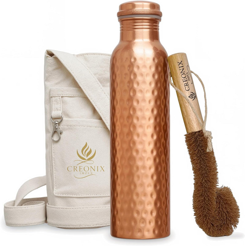 100% Pure Copper Water Bottle (32 Oz/ 950Ml) with Ayurvedic Benefits, Travel-Friendly Design Leak Proof Pure Copper Hammered Water Bottle for Drinking, Comes with Canvas Carry Bag & Cleaning Brush
